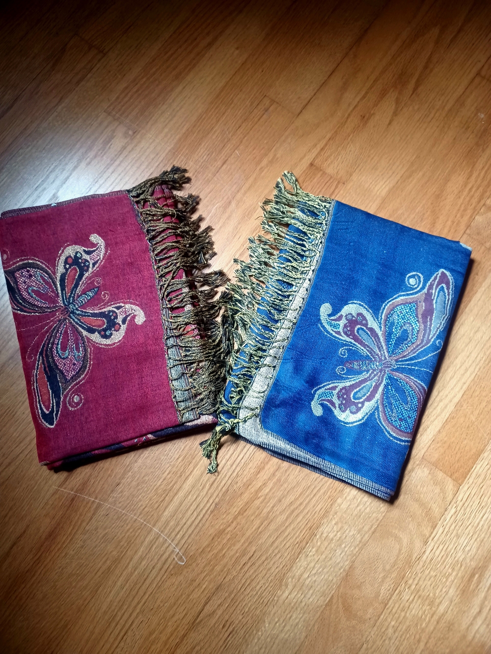 EMBROIDERED BUTTERFLY FRINGED WRAP SCARVES - SET OF 2 (BLUE & BURGUNDY)
